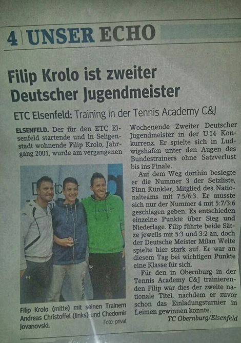 Presse zu Filip Krolo Deutsche Jugendmeisterschaften Tennis